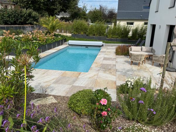 Abords de piscine, bois, dallage