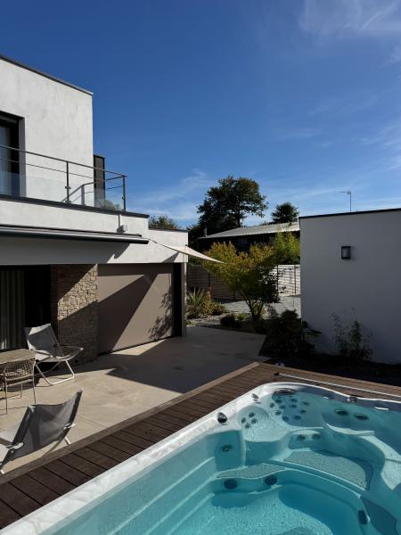 Terrasse dallage, intégration en bois bambou d'un SPA