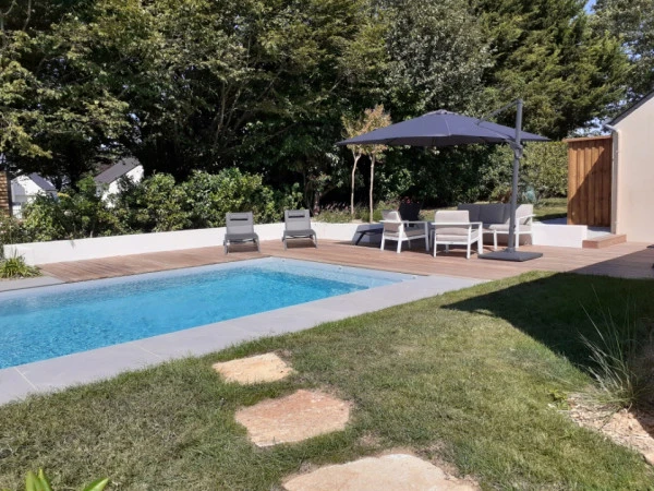 Terrasse bois, dallage, muret